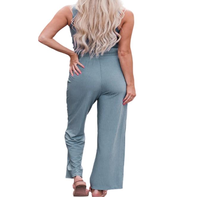 Notched Neck Tank Top & Tie Waist Wide Leg Long Pants Lounge Set