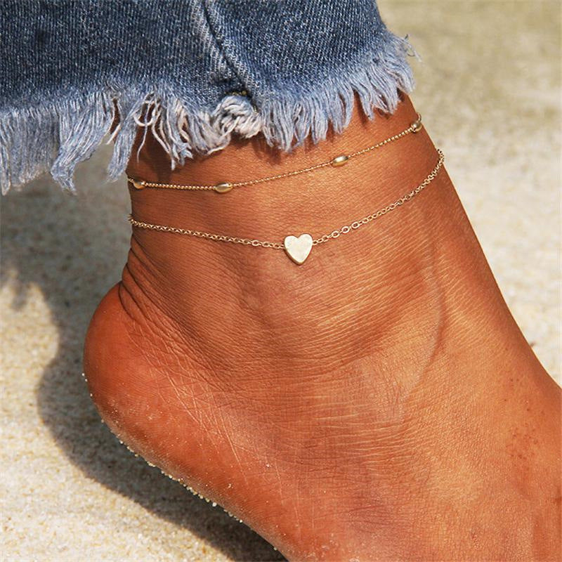 Gold or Silver Steel Heart Layered Charm Anklet