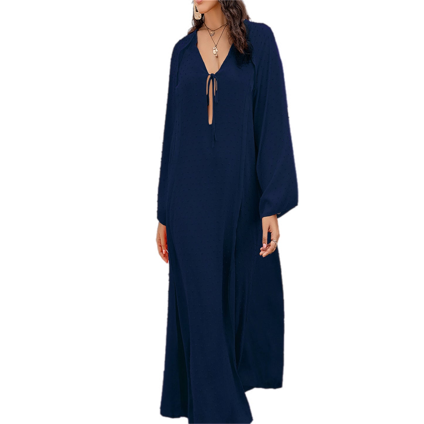 Plus Size Tie Neck Long Sleeve Swim Coverup