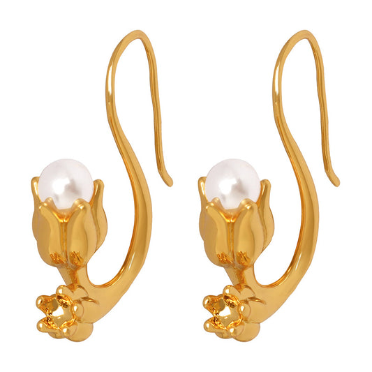 Gold or Silver Steel Tulip & Pearl Earrings