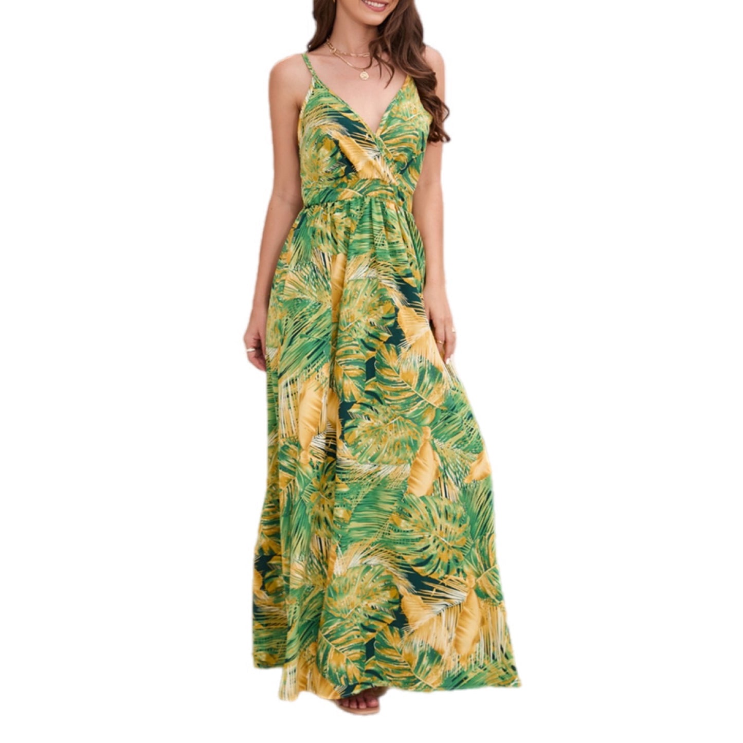 Tropical Print V-Neck Maxi Dress