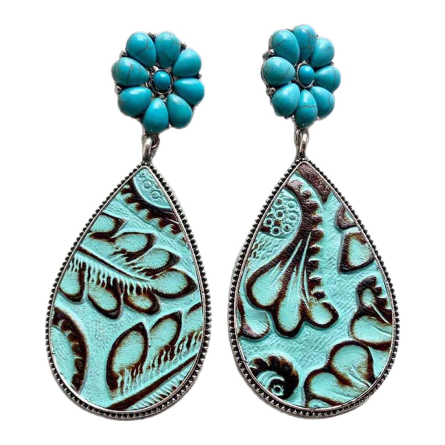 Turquoise Flower Dangle Stud Earrings with Vegan Leather