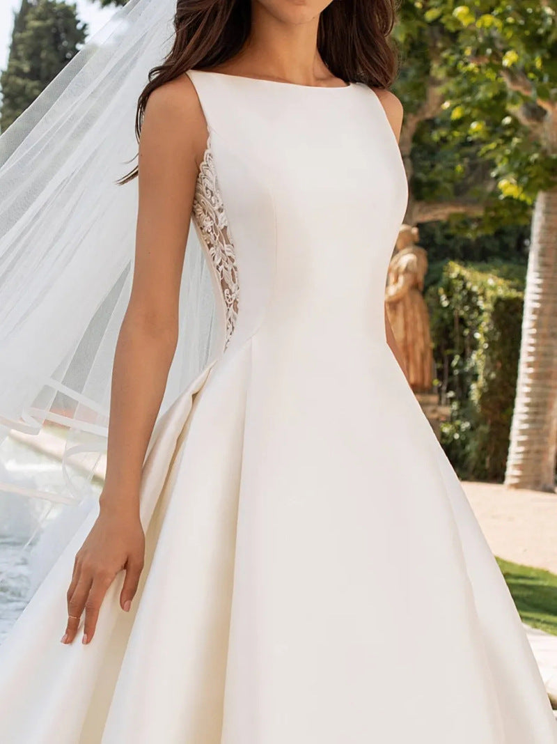 Satin Sleeveless Wedding Gown with Lace Accents