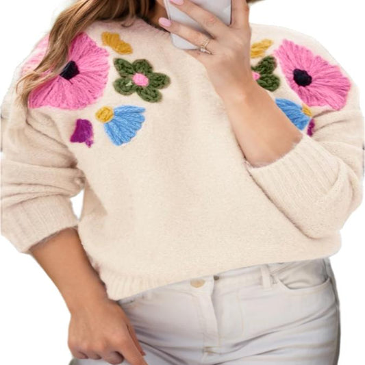 Crochet Flower Round Neck Sweater