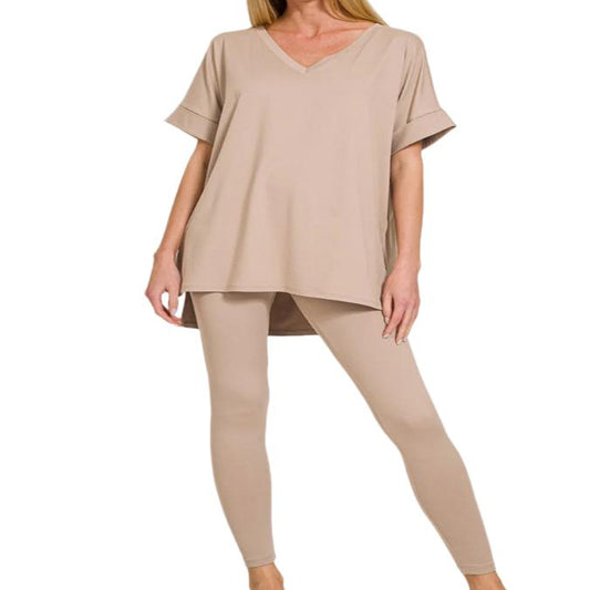 V-Neck Rolled Short Sleeve T-Shirt & Leggings Lounge Set