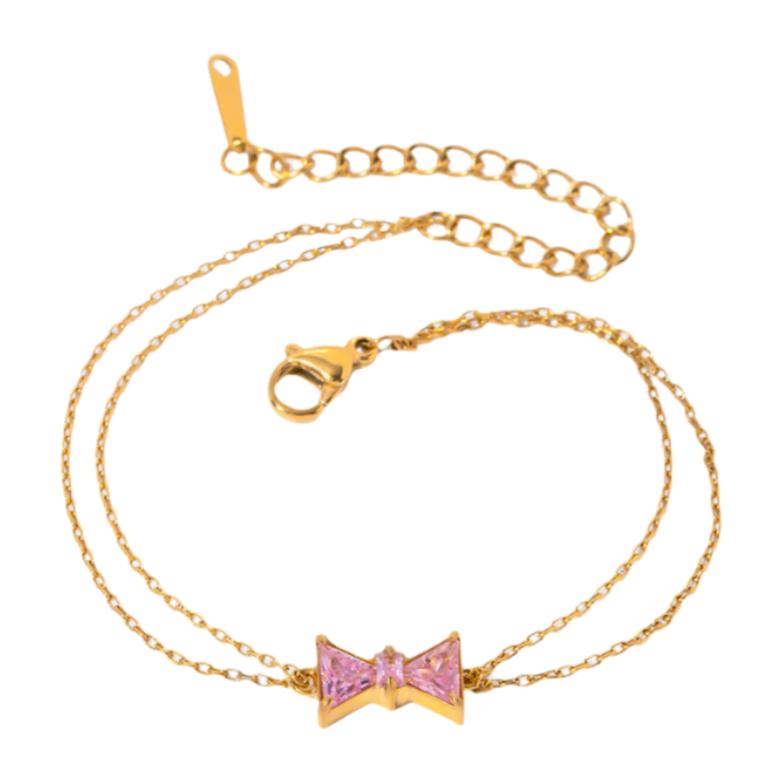 Stainless Steel Pink CZ Bow Bracelet