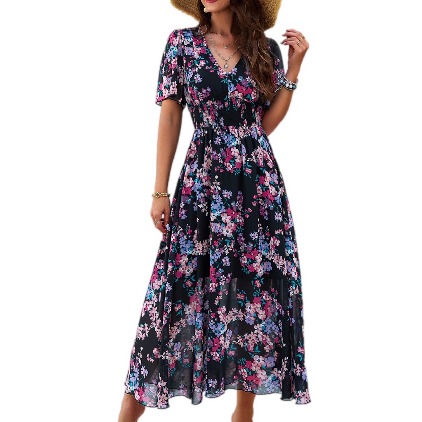 Smocked Floral V-Neck Short Sleeve Dress