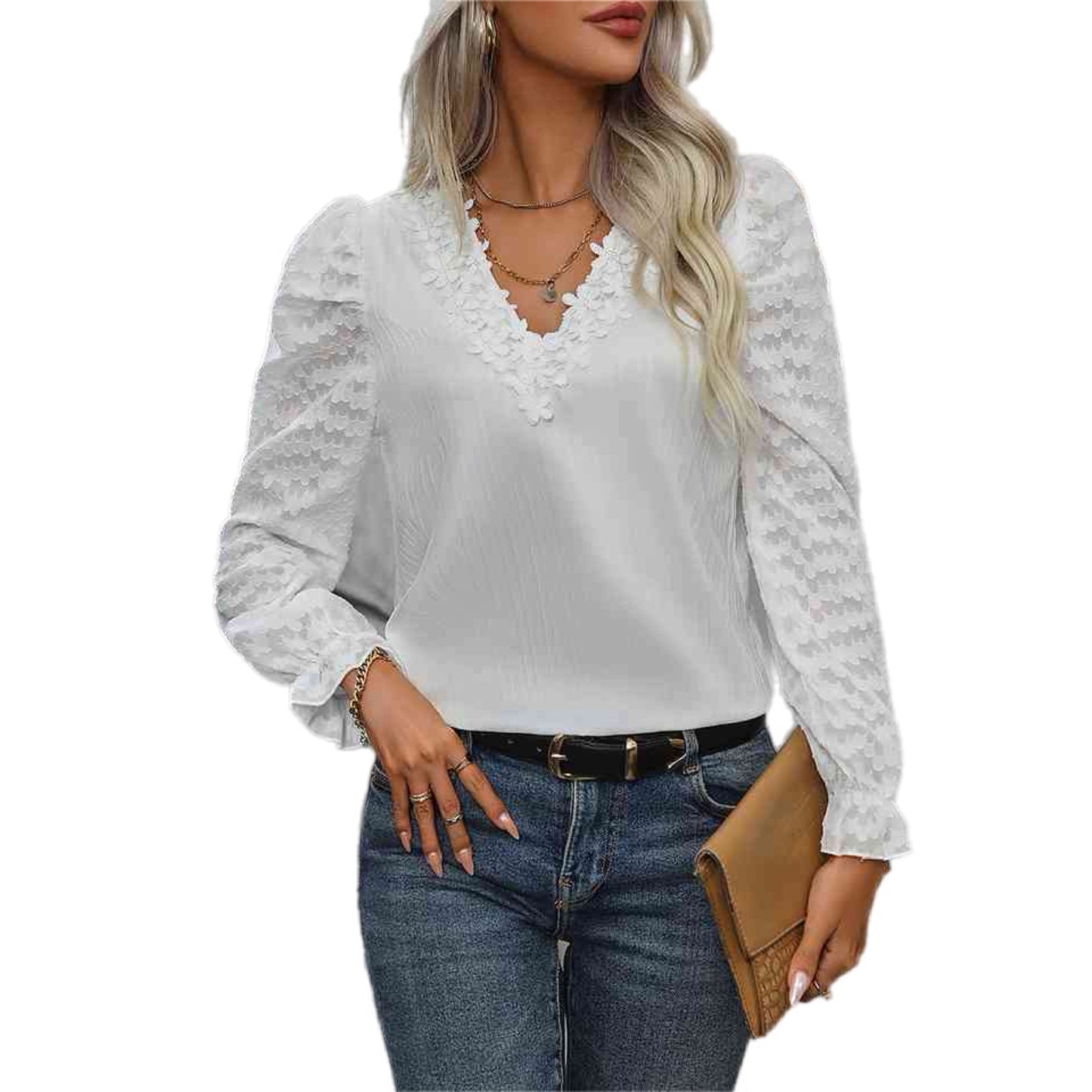 Lace V-Neck Flounce Sleeve Blouse