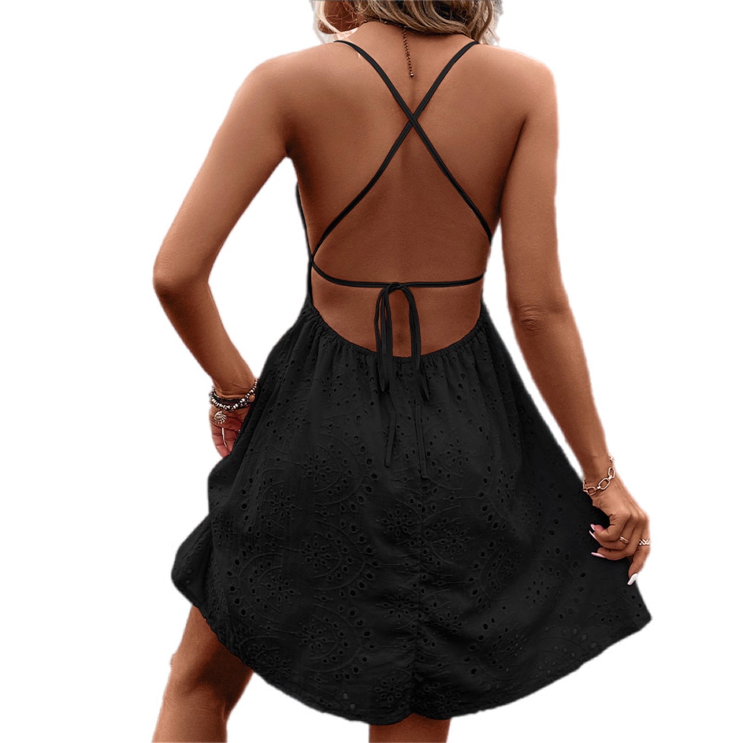 Crisscross Tie Back Eyelet Dress