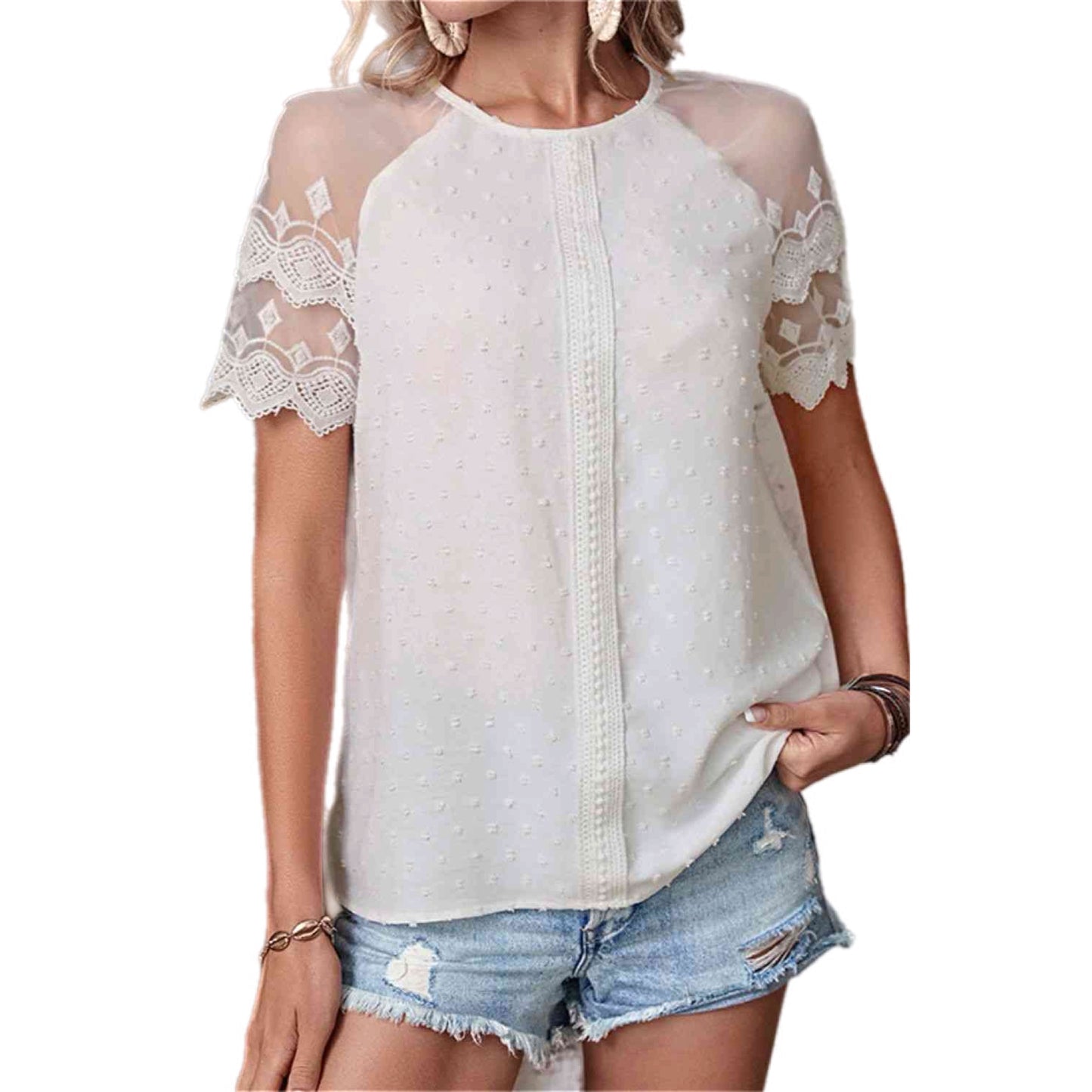 Swiss Dot Spliced Lace Blouse