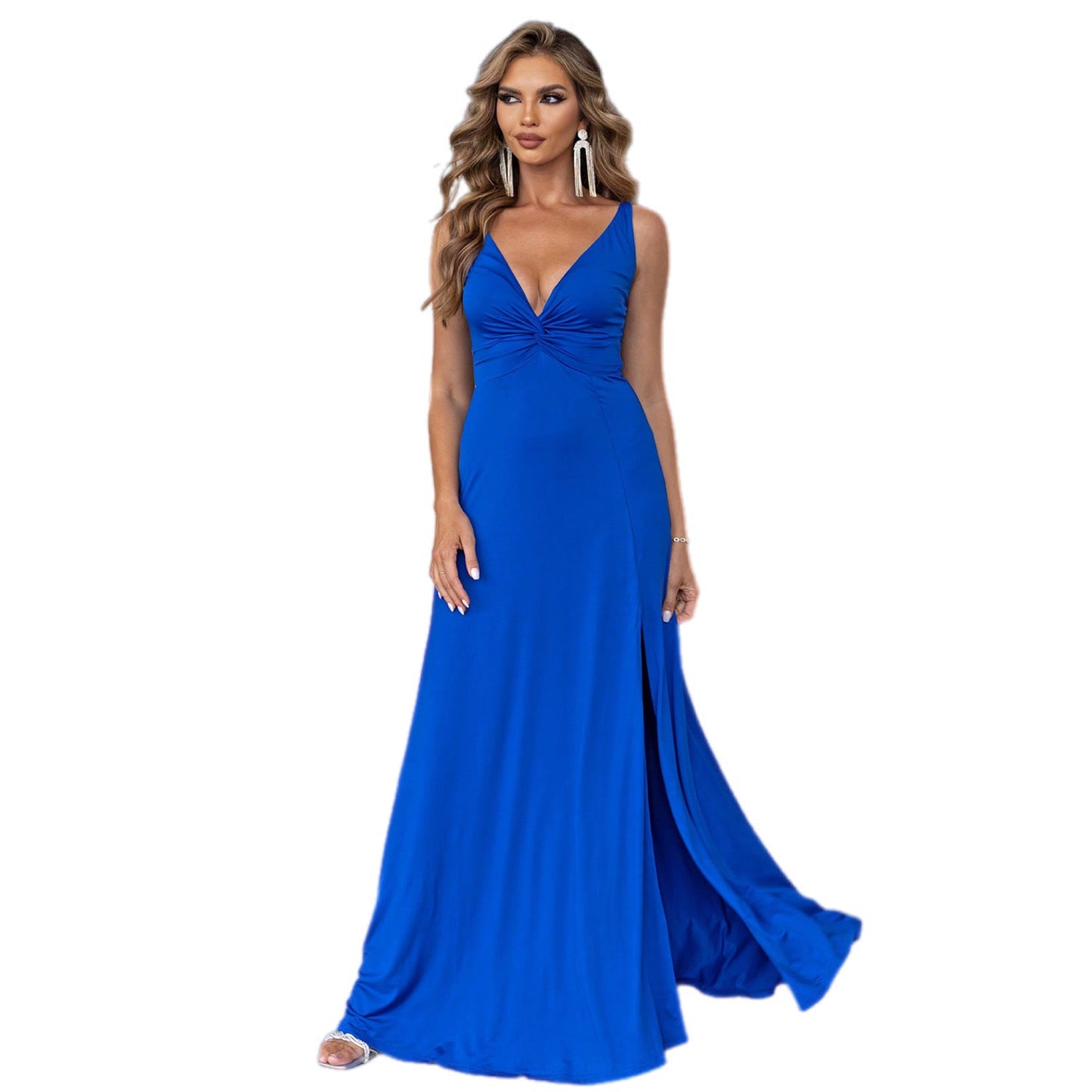 Radiant Ruched Deep V-Neck Maxi Gown