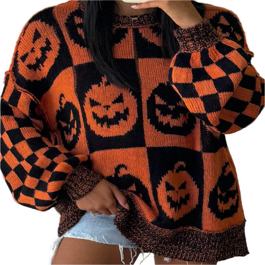 Exposed Seam Pumpkin Round Neck Sweater