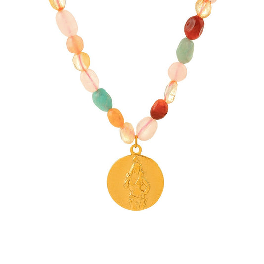 Gold Steel Gemstone Gold Coin Charm Necklace