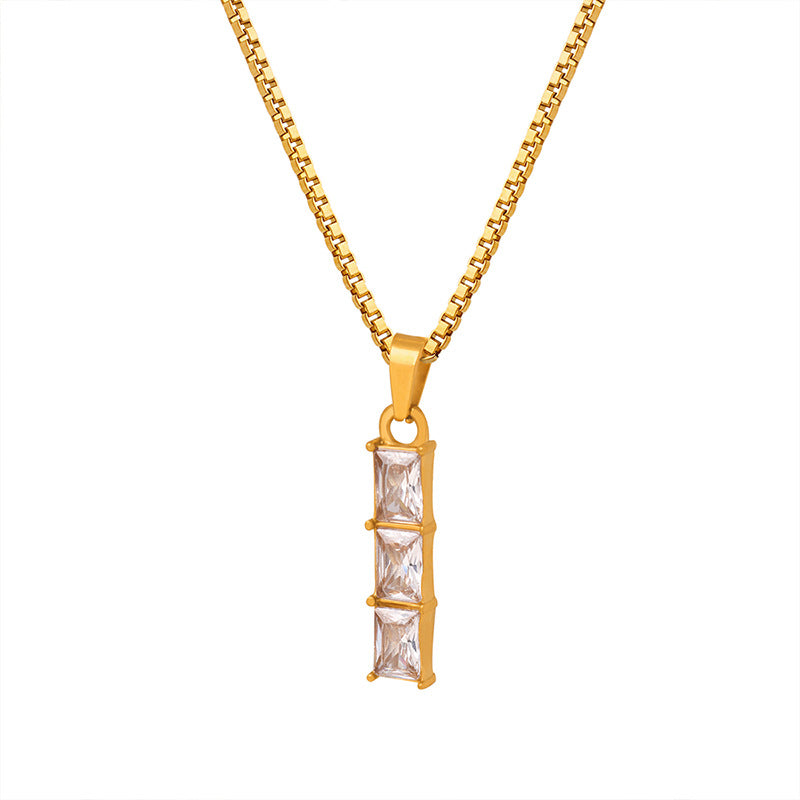 Gold Steel Necklace with CZ Bar Charm