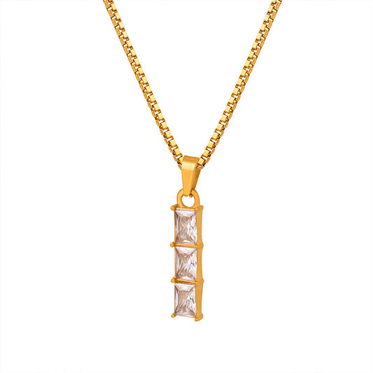 Gold Steel Necklace with CZ Bar Charm