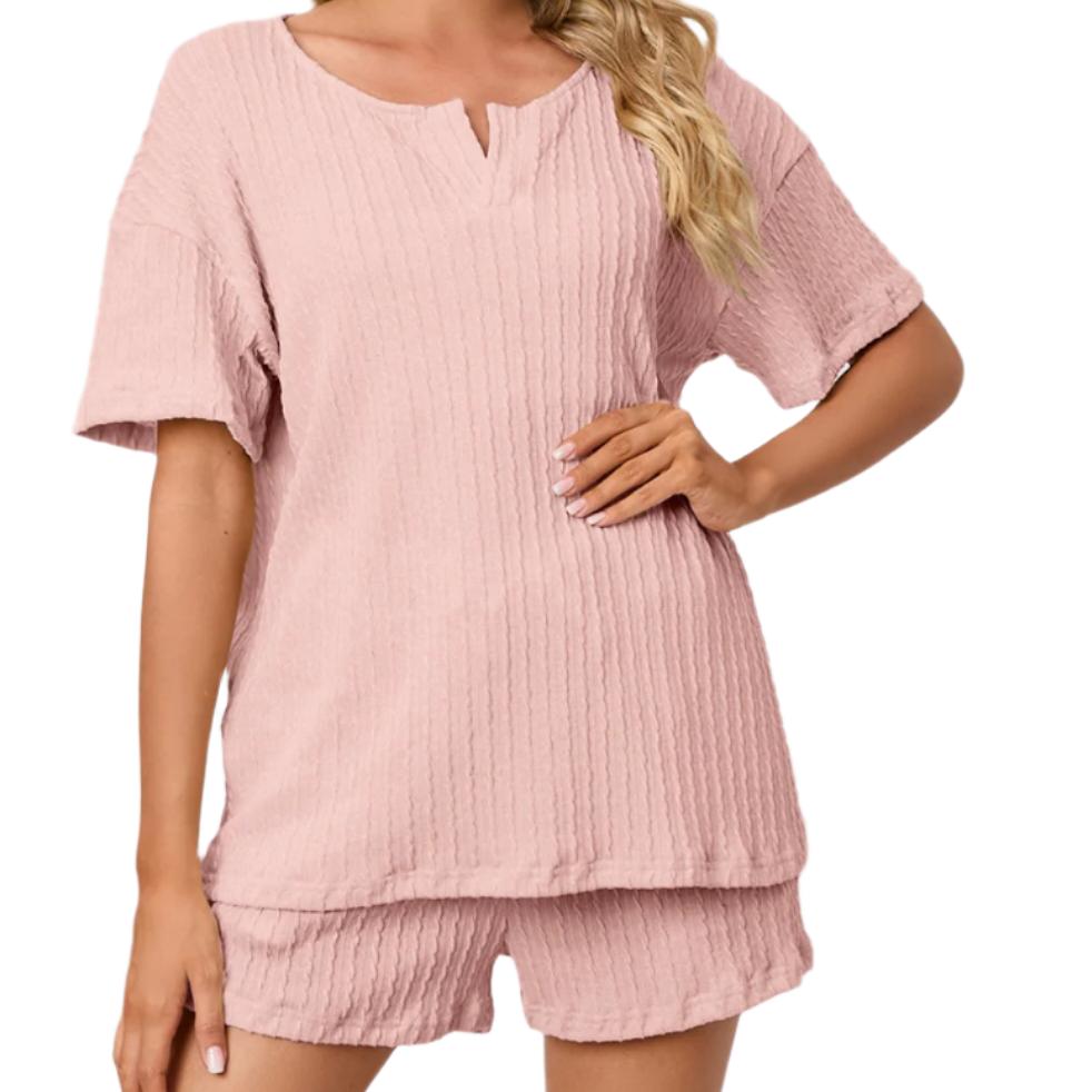 Notched Short Sleeve Top & Shorts Lounge Set