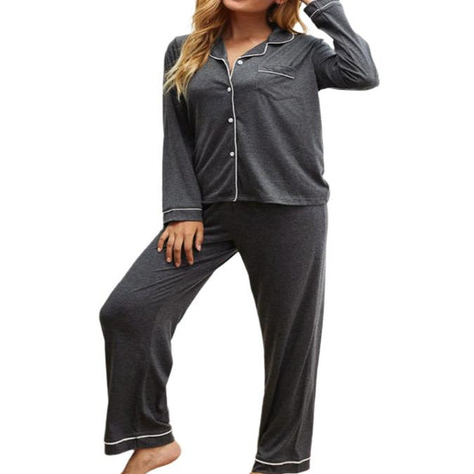 Contrast Piping Button Down Top &  Pants Pajama Set