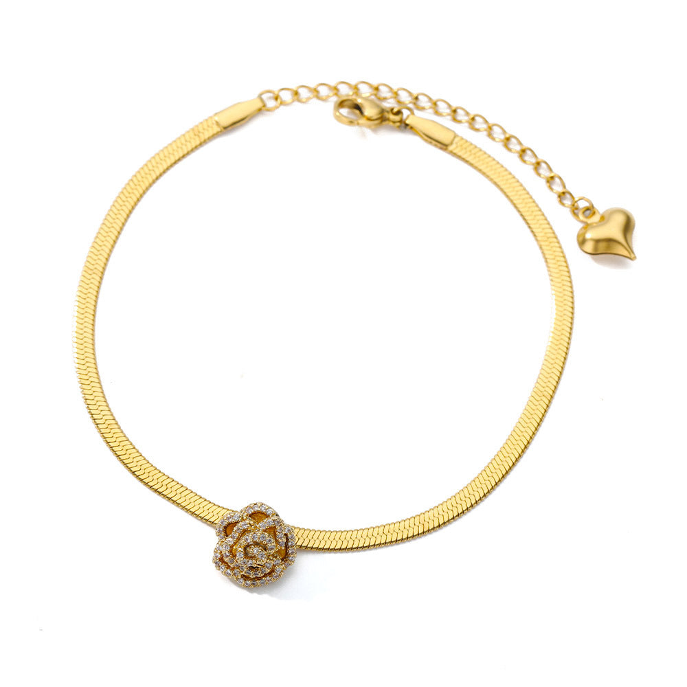 Gold Steel Rose Charm Anklet