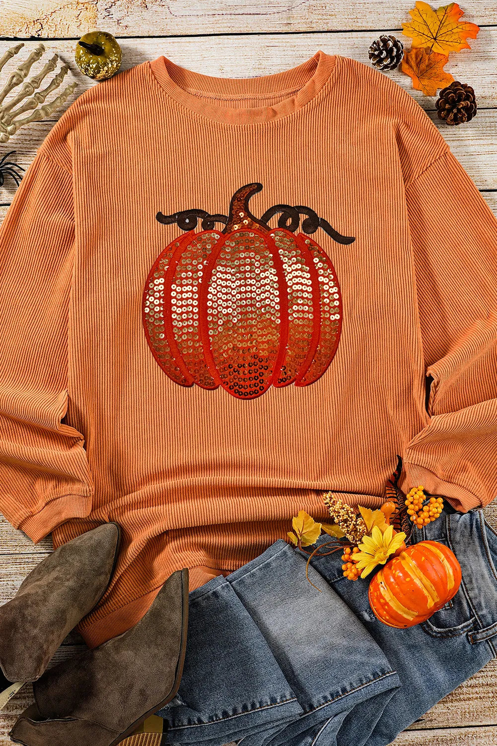 Sequin Pumpkin Round Neck Sweatshirt