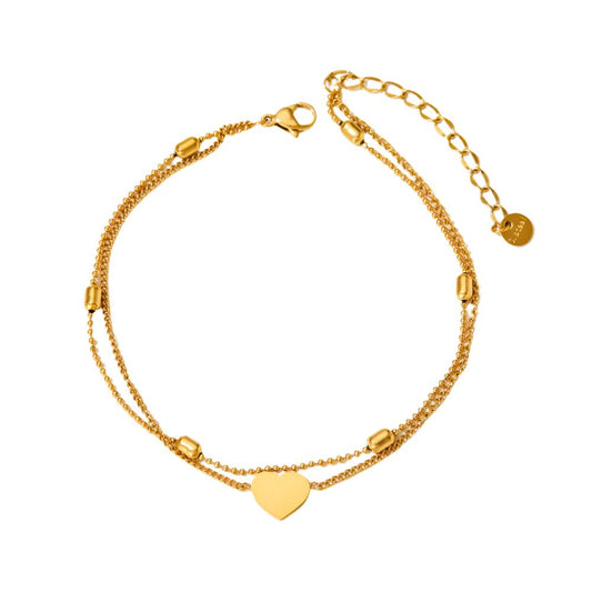 Gold or Silver Steel Heart Layered Charm Anklet