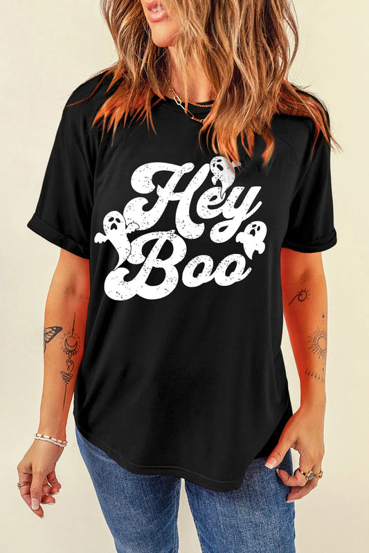 Hey Boo Halloween Graphic Round Neck Short Sleeve T-Shirt