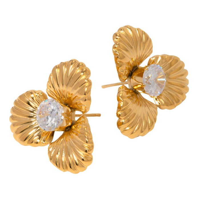 Gold Steel Flower Stud Earrings with CZ