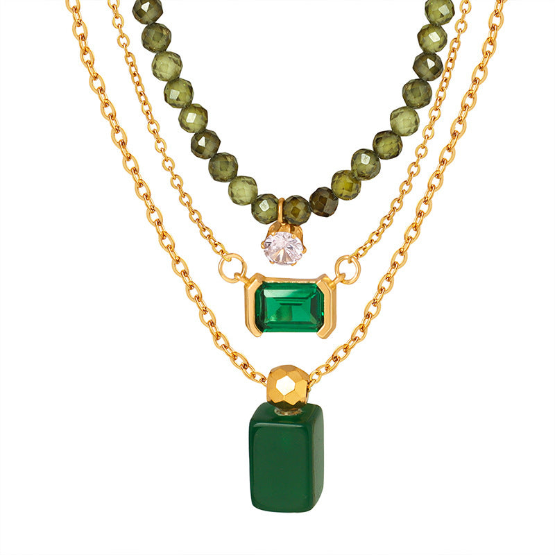 Green Agate Gold Steel Charm Necklace