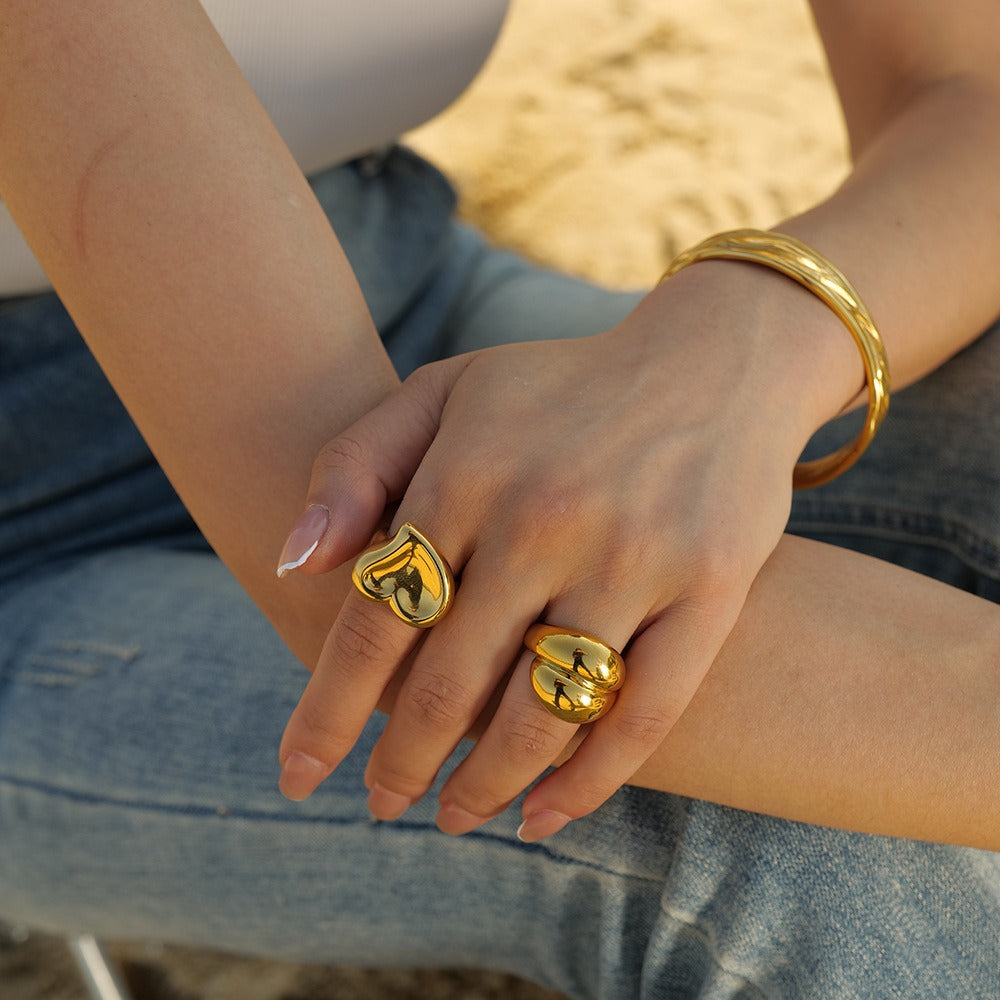 Gold Steel Heart Statement Ring