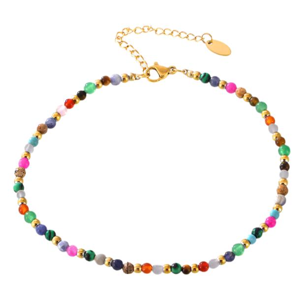 Gold Steel Gemstone Beaded Charm Anklet