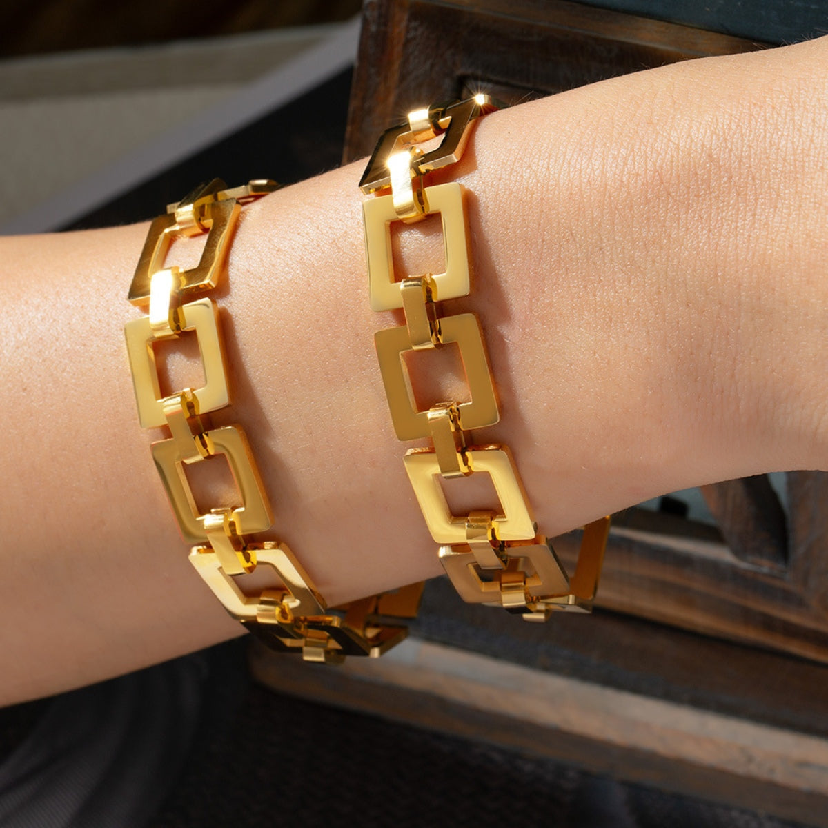 Gold Steel Hollow Square Chain Bracelet