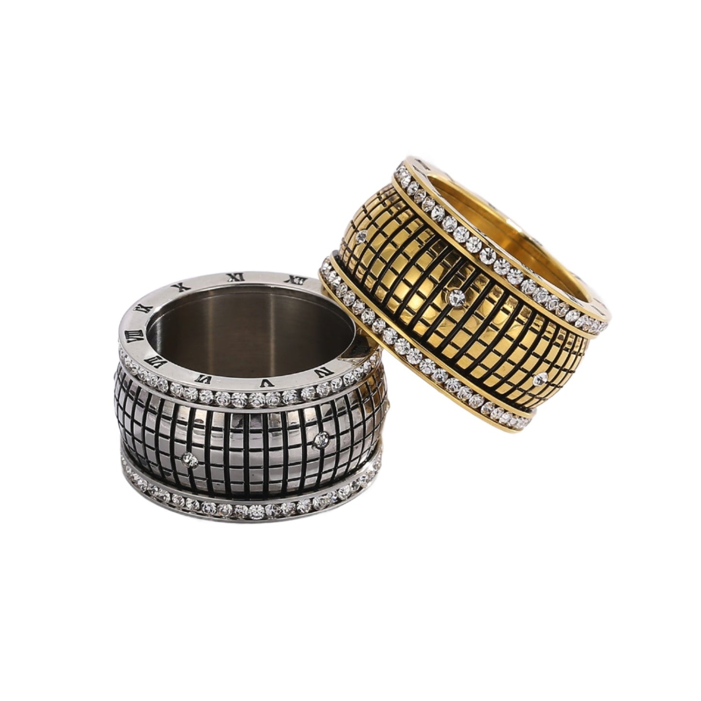 Dazzle Grid Rhinestone Embedded Stainless Steel Ring