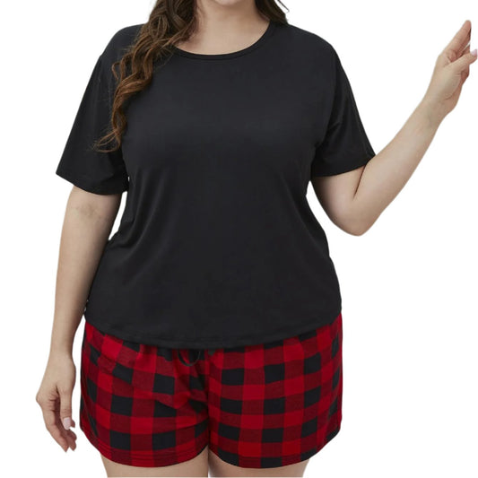 Plus Size Round Neck Tee Shirt & Plaid Shorts Pajama Set