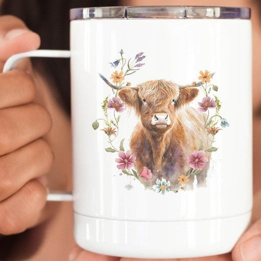 Highland Cow Floral Stainless Steel Travel Cup