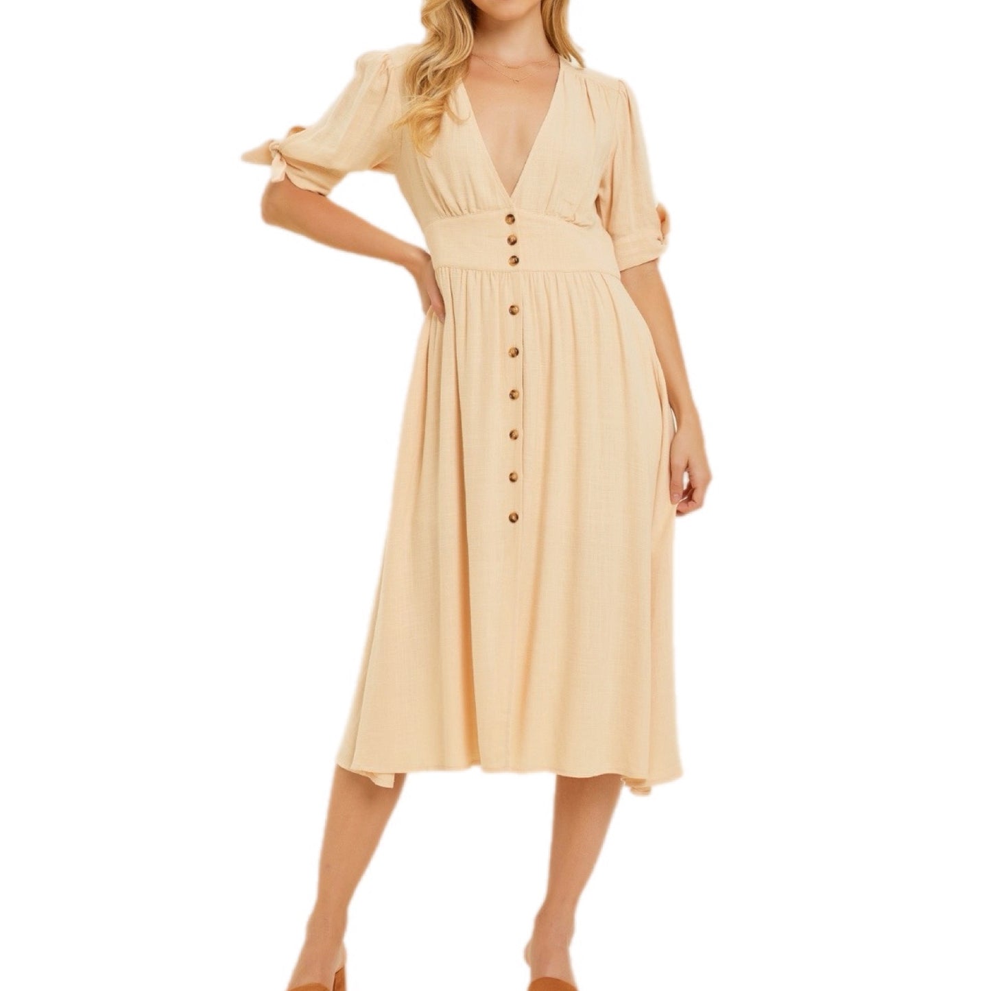 Linen V-Neck Button-Down Midi Dress