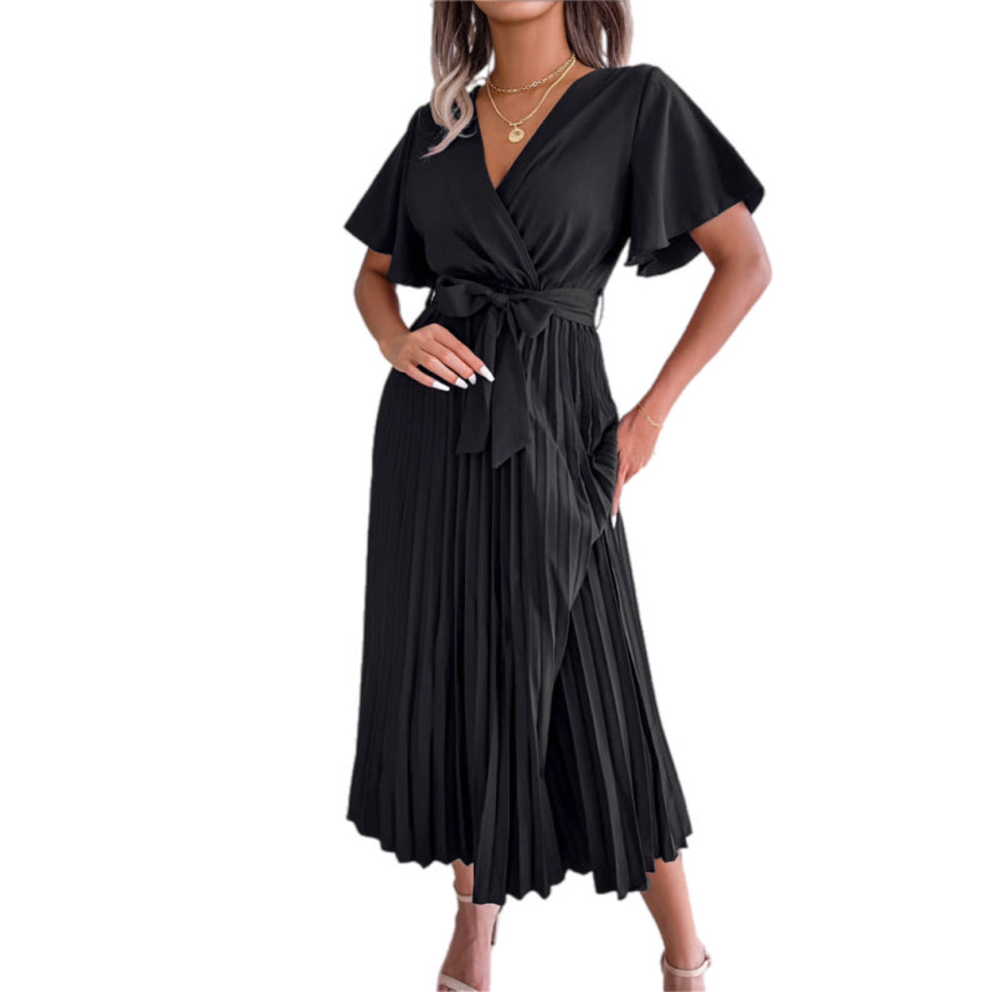 V-Neck Pleated Midi Dress