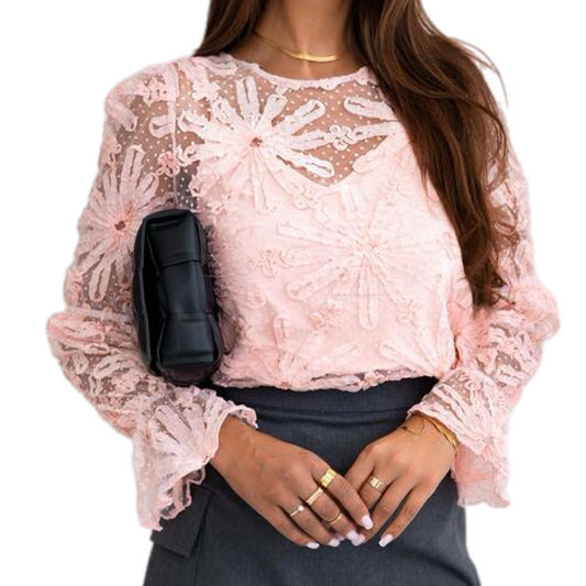 Flower Dotted Ruffled Lace Mesh Top