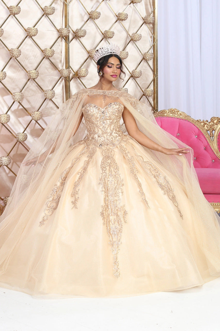 Glitter Gold Beaded Quince Prom Gown