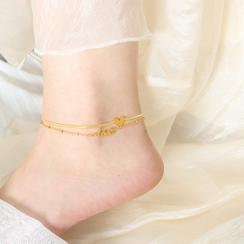 Gold Steel Layered Heart & Love Charm Anklet