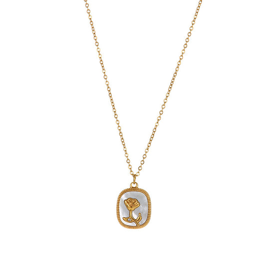 Shell Rose Charm Gold Steel Necklace