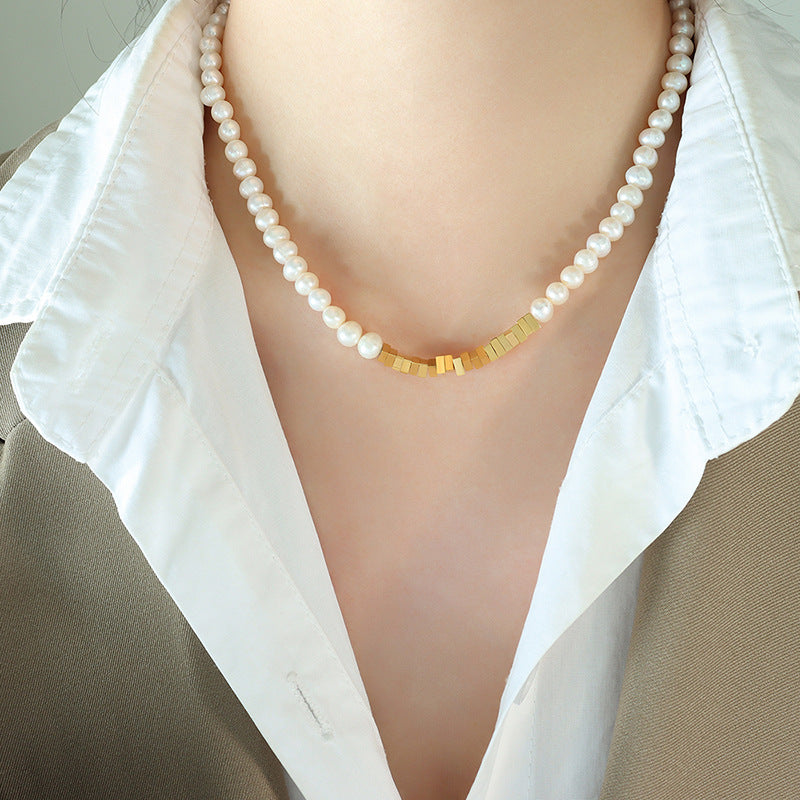 Freshwater Pearl Gold Steel Necklace