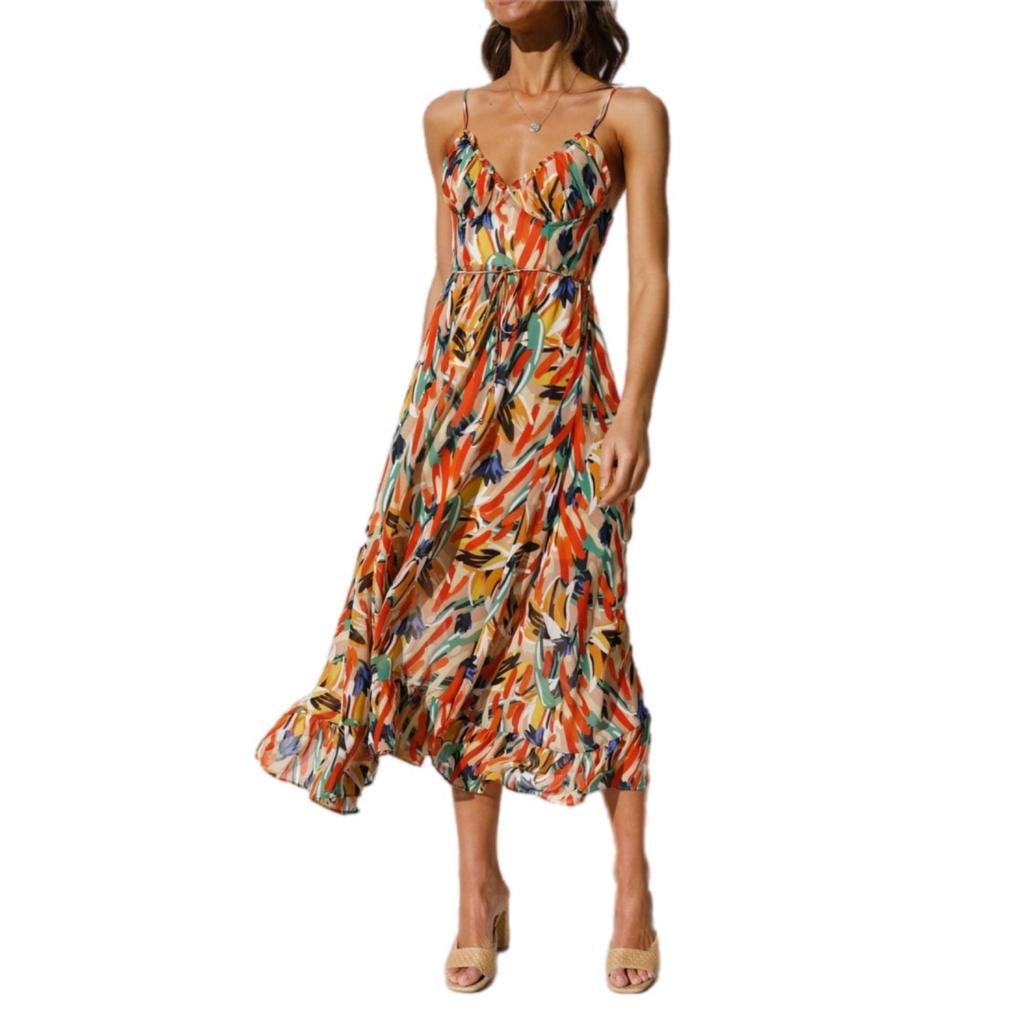 Abstract Print Halter Neck Midi Dres