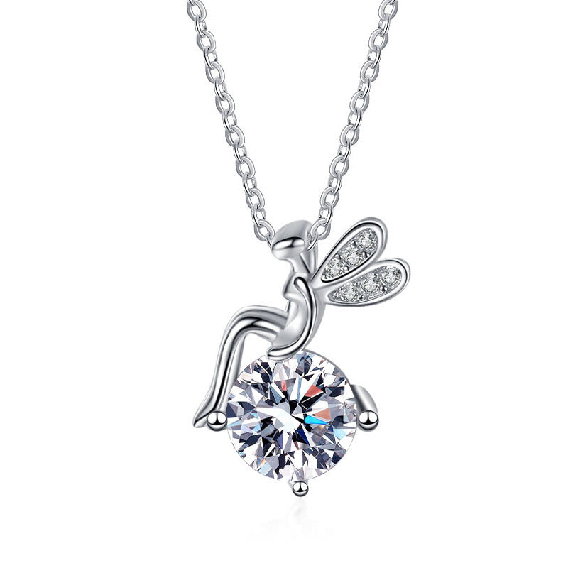 Sterling Silver Fairy Charm Necklace with Moissanite Accent