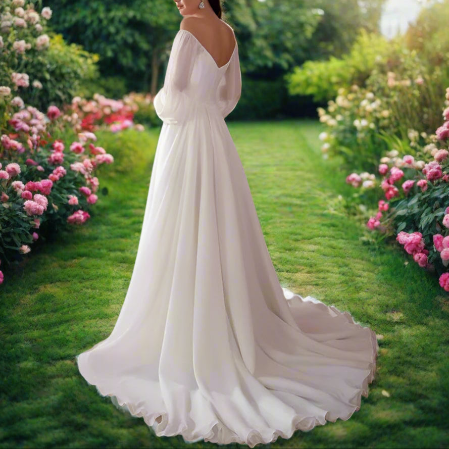 White Off The Shoulder Long Sleeve Wedding Dress