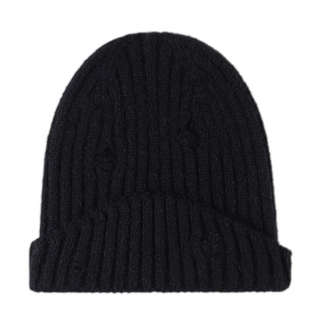 Distressed Rib-Knit Beanie