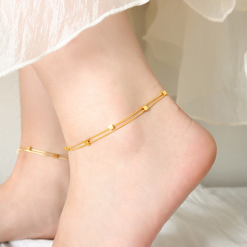 Gold Steel Cube Satellite Chain Layered Anklet