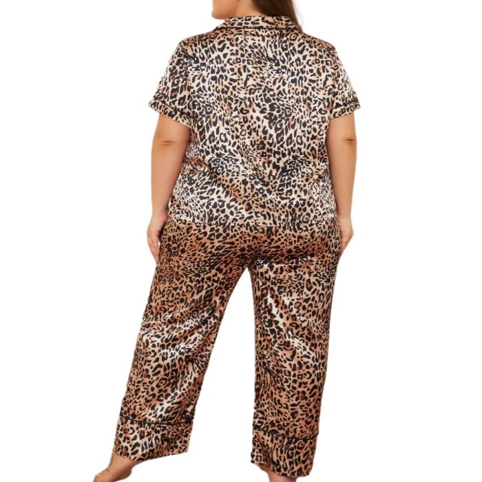 Plus Size Leopard Short Sleeve Top & Pants Sleep Set