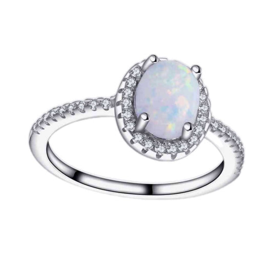 Opal Oval Sterling Silver Halo Ring