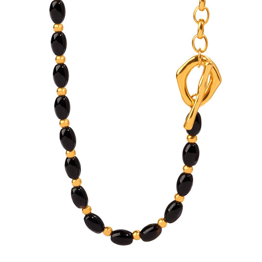 Gold Steel & Black Obsidian Charm Necklace