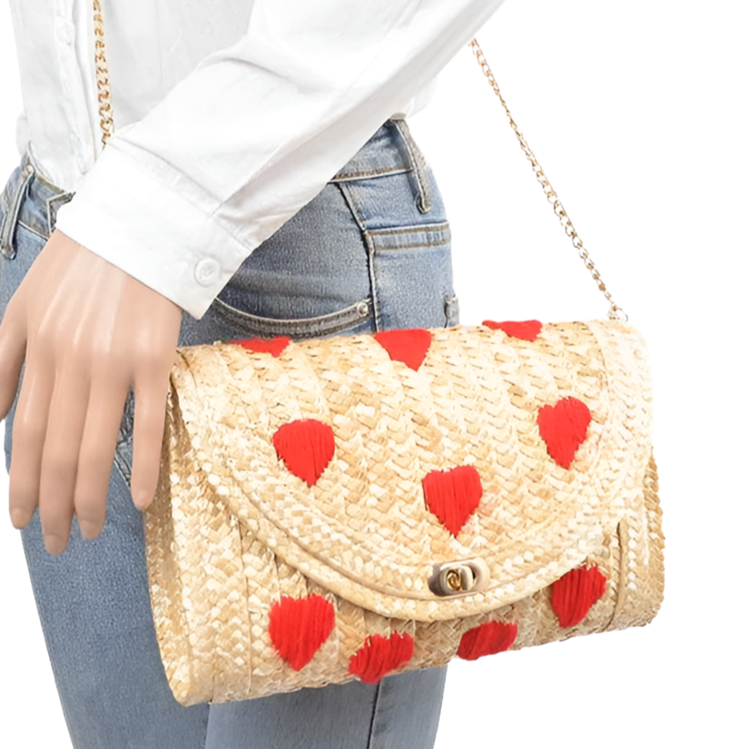 Heart Pattern Straw Convertible Clutch Bag