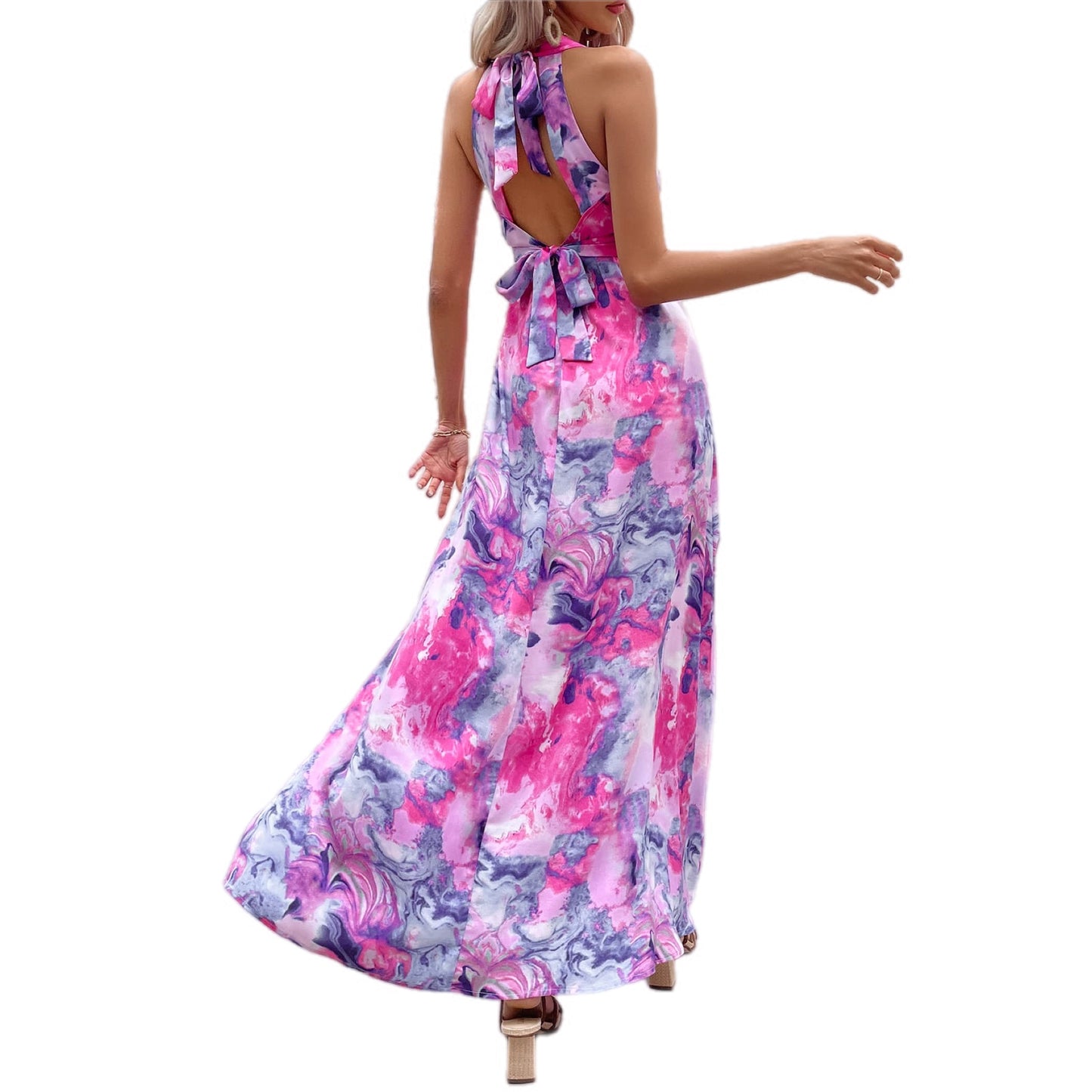 Watercolor Print High-Low Maxi Dress